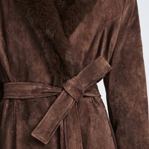 Women's Brown Suede Wrap Coat with Fur Trim